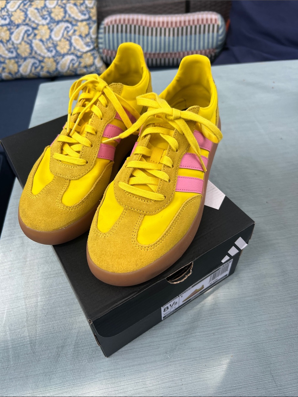 Adidas Yellow Sneakers with Pink Stripes and Gum Sole - Picture 2 of 6